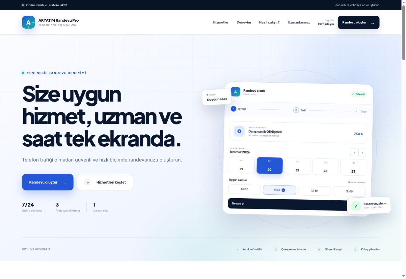 ARYATIM Randevu Pro gerçek uygulama ön yüzü