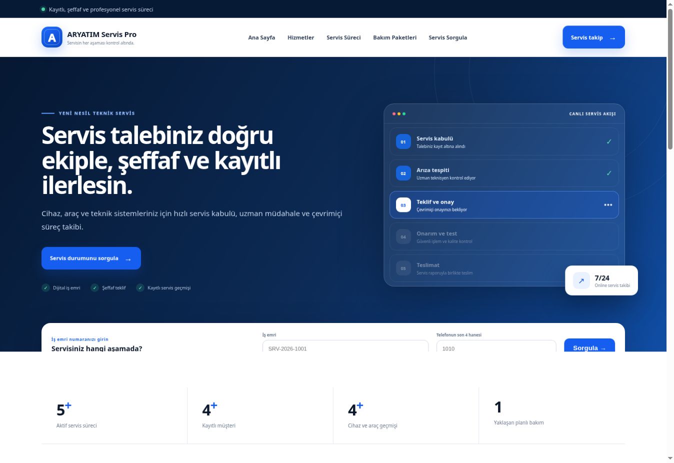 ARYATIM Servis Pro gerçek uygulama ön yüzü
